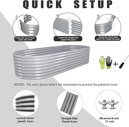 1 Pack 8x3x2FT Galvanized Raised Garden Bed Kit Oval Metal Ground Planter Box Outdoor Bottomless Planter Raised Beds for Vegetables Flowers Herbs Fruits, Gray
