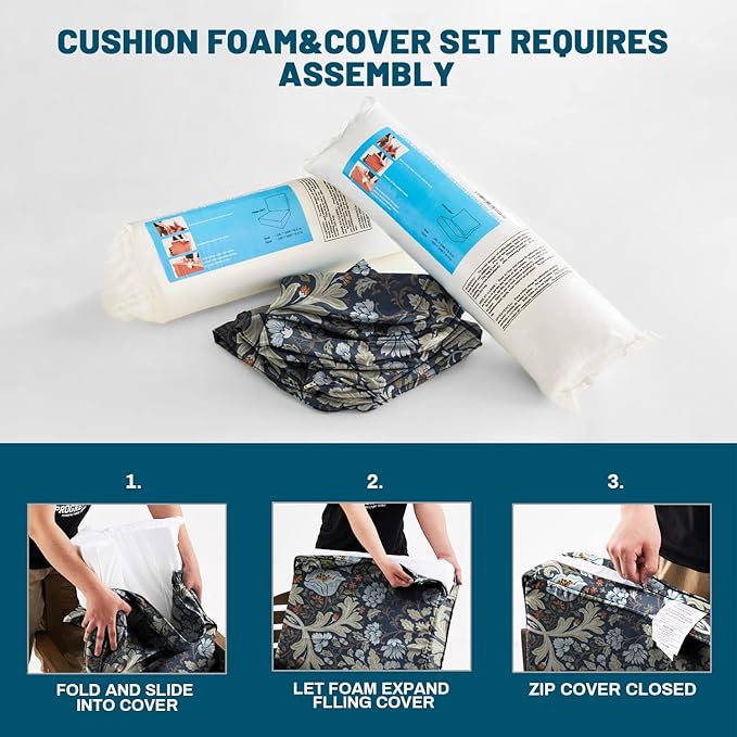 ARTPLAN 24x24 Deep Seat Patio Cushions for Outdoor Furniture,Extra 6 inch Thick,Back 18"x24",Removable,Replacement,Polyester Floral Pattern,Outdoor/Indoor,Stone Blue