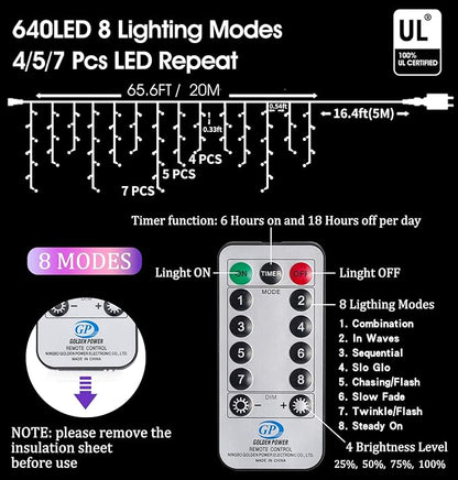 Icicle Christmas Lights Outdoor Decorations 640 LED 65.6 FT 8 Modes LED Icicle String Light with 120 Drops, Fairy String Curtain Lights for Christmas Holiday Decor Wedding Party (Cold White)