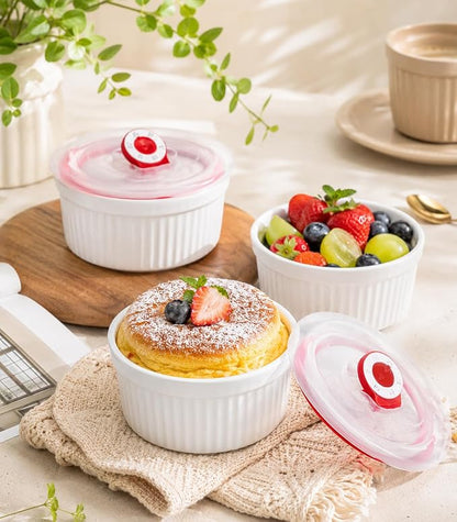 Ramekins 16 oz Oven Safe, Creme Brulee Ramekins with Lids, White Ceramic Souffle Dishes Ramekin, Mini Baking Bowls with Cover Set of 4, Ramekin Assorted Sizes - Dishwasher and Oven Safe, Fathers Day Gift