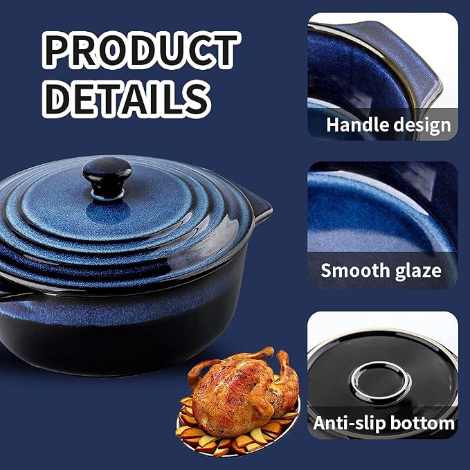 KOOV Ceramic Casserole Dish with Lid - 2 Quart, 9 Inch Round Baking Dish, Oven Safe, Reactive Glaze