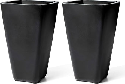 Step2 Bridgeview Tall Square Planter, Large Planters for Outdoor Plants, Gardening and Flower Pot for Patio or Porch, Efficient Drainage, Durable Plastic, Onyx Black, 2-Pack