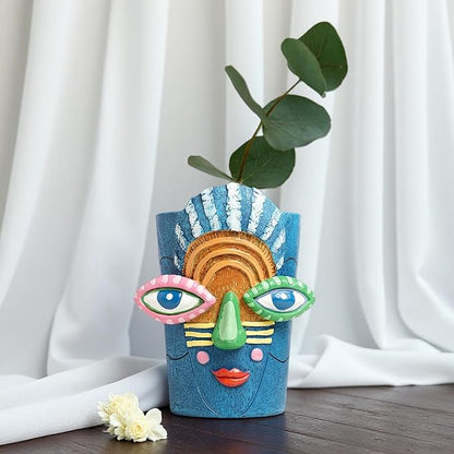 Picasso Abstract Face Flower Pot,Plant Pot with Facial Expressions,Handmade Resin Plant Pot with Drainage Holes,for Indoor and Outdoor Botanical Home décor (Blue Small)