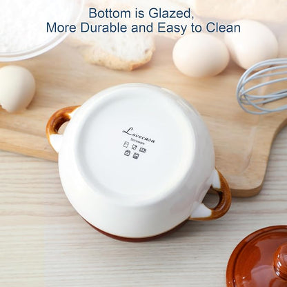 LOVECASA 22 OZ French Onion Soup Bowls with Lid, Porcelain Soup Crocks with Handles,Oven Safe Serving Bowls for Soup, Beef Stew, Cereal, Pot Pies, lasagna,Chilli,Set of 4