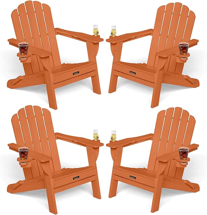 Adirondack Chairs Set of 4, Foldable Adirondack Chairs with 2 Cup Holder, Wood Texture HDPE Fire Pit Chairs, Outdoor Lawn Chair for Patio Garden, Orange