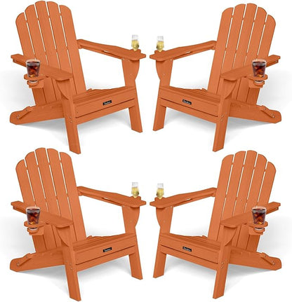 Adirondack Chairs Set of 4, Foldable Adirondack Chairs with 2 Cup Holder, Wood Texture HDPE Fire Pit Chairs, Outdoor Lawn Chair for Patio Garden, Orange