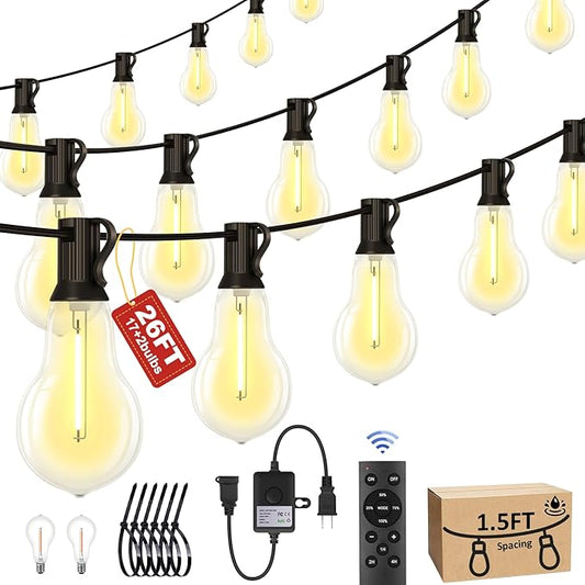 26FT Outdoor String Lights Waterproof with 17+2 Bulbs (1.5FT Bulbs Spacing), Remote & Dimmer, Commercial Patio String Lights with 3 Mode Light & Timing, 50PC Mounting Ties for Outside