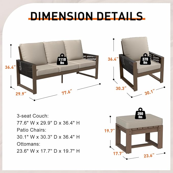 Rustic Hideaway Natural Cedar Wood Outdoor Furniture Set, Wicker Patio Conversation Set for Porch Garden Backyard, Couch, 2 Patio Chairs and 2 Ottomans, 5 Piece, Brownish/Beige