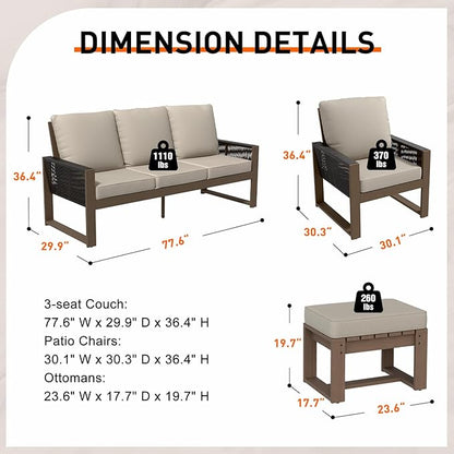Rustic Hideaway Natural Cedar Wood Outdoor Furniture Set, Wicker Patio Conversation Set for Porch Garden Backyard, Couch, 2 Patio Chairs and 2 Ottomans, 5 Piece, Brownish/Beige