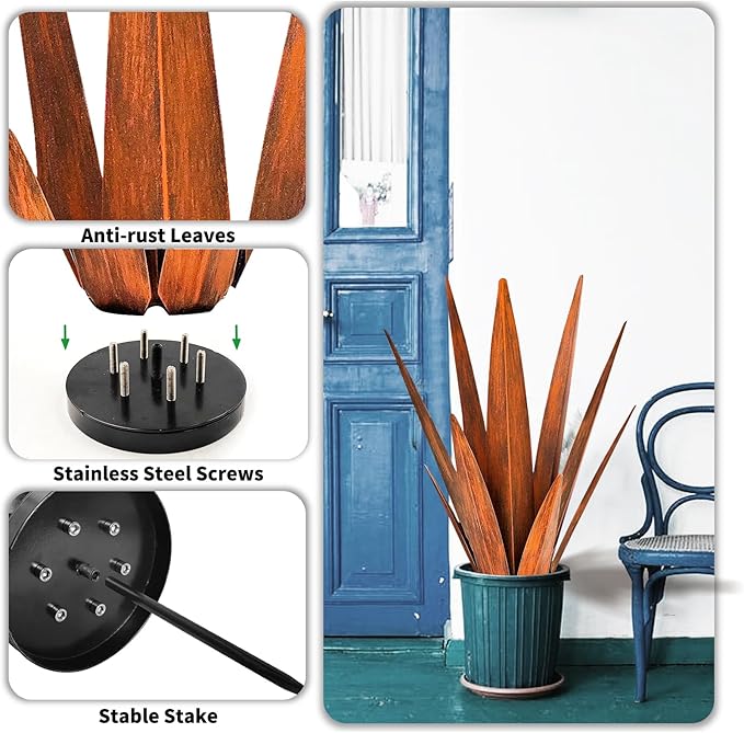 KODIBO Metal Agave Plants, Tequila Rustic Sculpture, Metal Yard Art, Outdoor Lawn Ornaments Yard Stakes (Rusty- L)