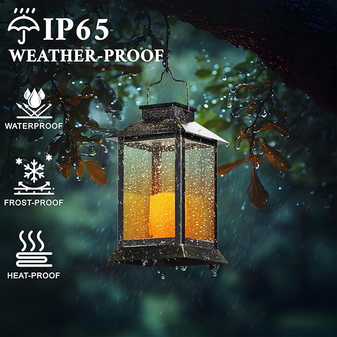 Metal Solar Lanterns Outdoor Waterproof, Hanging Solar Flickering Flame Lights Outdoor for Front Porch Decor, Outdoor Patio, Garden,Balcony,Porch, Christmas, Fall Decor, 2 Pack (Bronze Black)