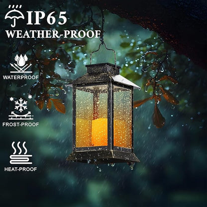 Metal Solar Lanterns Outdoor Waterproof, Hanging Solar Flickering Flame Lights Outdoor for Front Porch Decor, Outdoor Patio, Garden,Balcony,Porch, Christmas, Fall Decor, 2 Pack (Bronze Black)