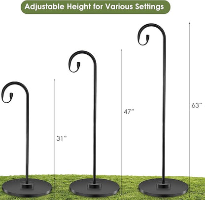 34-63" Adjustable Shepherd Hook Stand with Round Base Stand for Bird Feeders, Lanterns, Wind Chimes, Indoor and Outdoor Use on Patio, Yard or Porch