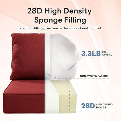 6" Thicker Outdoor Chair Cushion 2 Sets - 24" *24" *6" Waterproof Patio Furniture Cushions with Removable Cover, 28D High Density Sponge Filling Thicken Outdoor Patio Cushions - Red