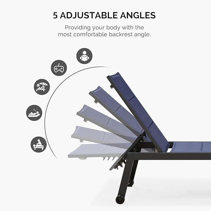 PURPLE LEAF Extra Large Outdoor Chaise Lounge 4 Pieces Aluminum Patio Lounge Chair with Wheels Reclining Chair for Patio Pool Beach Sunbathing Navy Blue Oversized Lounger