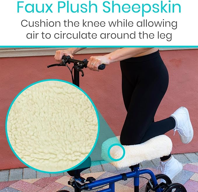 Vive Mobility Knee Walker Pad Cover - Plush Synthetic Faux Sheepskin Scooter Cushion - Accessory for Knee Roller - Leg Cart Improves Comfort During Injury (Off-White)