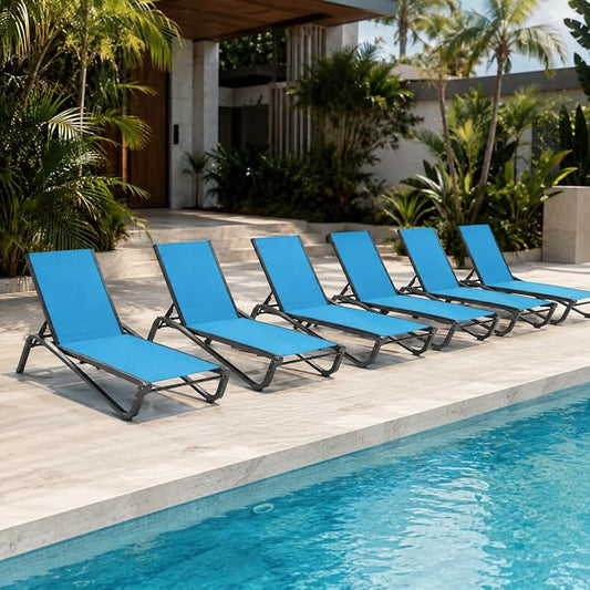 Patio Chaise Lounge Chairs Set of 6, All-Weather Aluminum Pool Loungers for Outside, 5-Position Adjustable Sunbathing Chairs for Tanning, Stackable for Backyard, Poolside, Sky Blue