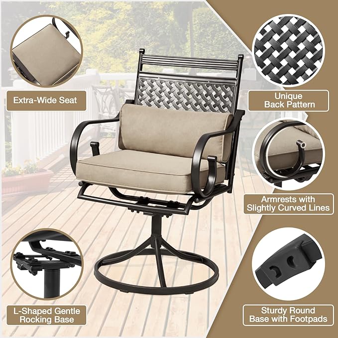 MELLCOM Patio Swivel Chair Set of 6, Heavy Duty Outdoor Dining Chairs with Cushions and Lumbar Pillows, Metal Patio Chairs Gentle Rocker for Outside, Garden Lawn & Porch, Backyard, Khaki