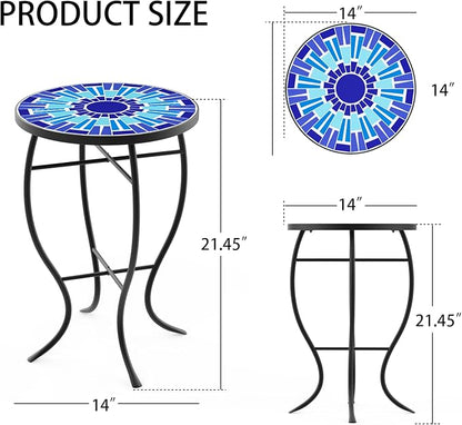 FROMJBEST Mosaic Outdoor Side Table, Patio Side Table, Weather Resistant 14" Diameter 21" H Ceramic Tile Round Outside Table for Patio, Porch, Garden, Pool, Indoor&Outdoor,Plant Stand (Vortex)