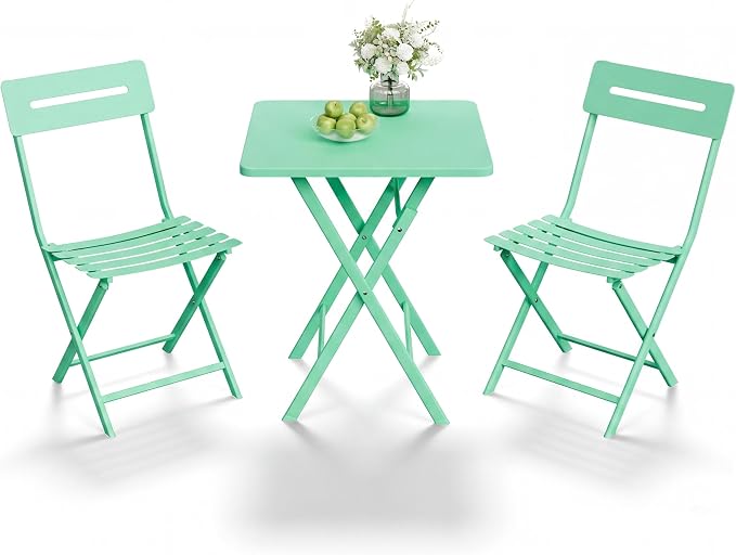 GarveeLife 3 Piece Outdoor Bistro Set, All Metal Patio Table and Chairs Set, Round Tube Iron Bistro Furniture Set for Balcony Porch Garden Cafe, Weather Resistant