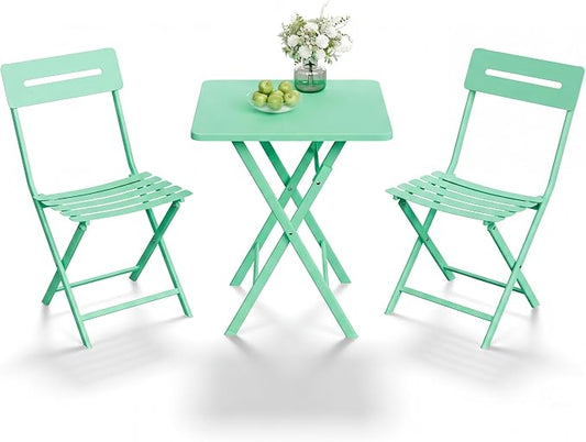 GarveeLife 3 Piece Outdoor Bistro Set, All Metal Patio Table and Chairs Set, Round Tube Iron Bistro Furniture Set for Balcony Porch Garden Cafe, Weather Resistant