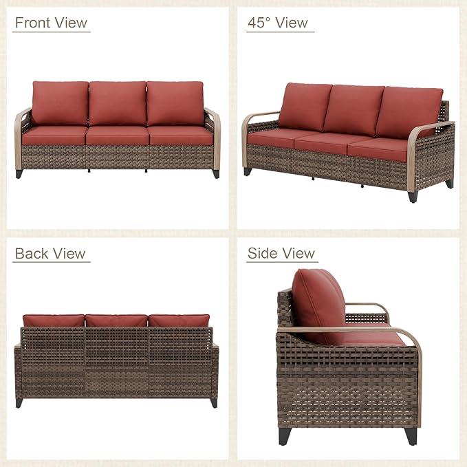 Modern Wicker Patio Furniture Set, Rattan Outdoor Conversation Set with Comfortable Cushions, 2 Patio Chairs, 3 Seat Couch and Coffee Table, 4 Pieces, Brown/Red