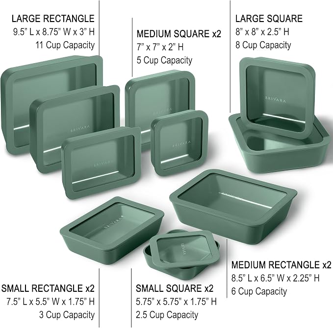20-Piece Glass Food Storage Containers Set with Lids (10 Containers + 10 Lids) | Microwave-Safe Airtight Seal, Oven-Safe Ceramic-Coated Glass | Zero Plastic, No PFAS/PFOA/BPA [Pine]