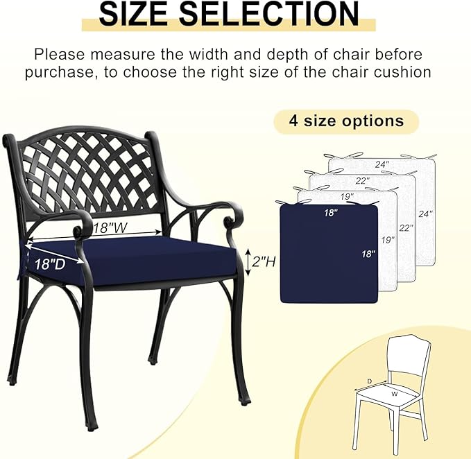 downluxe Waterproof Outdoor Chair Cushions for Patio Furniture, 18" x 18" x 2" Patio Chair Cushion with Adjustable Ties & Portable Handle, Square Outdoor Cushion with Removable Cover, Navy, 2 Pack