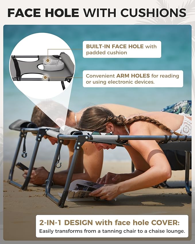 KingCamp Tanning Chair with Face Hole, Lounge Chairs Outdoor Folding Portable Comfy Adjustable 5-Position Lay Flat Foldable Chaise Chaser Lounger for Outside Beach Patio Sun Bathing Pool, Grey