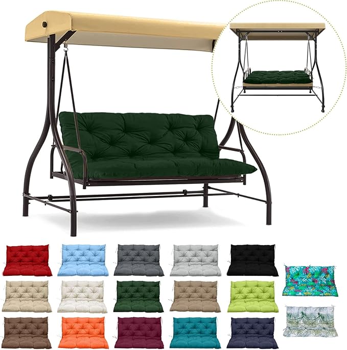 Replacement Cushion for Swings, Waterproof Porch Swing Cushion, 2-3 Seat Replacement Swing Seat Cushion with Backrest and Ties for Patio Backyard Porch Garden(Dark Green 40 * 60 in)