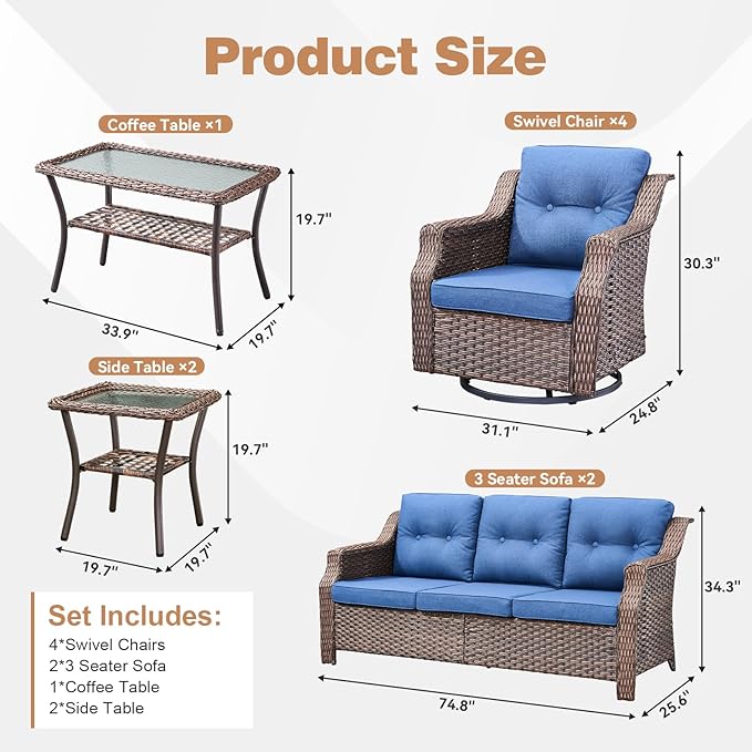 Outdoor Patio Furniture Set-9 Piece High Back Outdoor Furniture Set Sectional Sofa with Wicker Swivel Rocker Patio Chairs,Thick Cushions Ottomans for Porch Balcony Patio Deck Brown/Blue