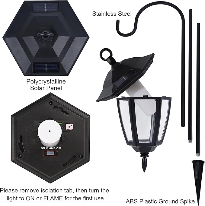 Dynaming 4 Pack Solar Flame Hanging Lights Outdoor, Halloween Solar Flickering Flame LED Garden Lanterns with 4 x 38 Inch Shepherd Hooks, Christmas Lighting for Lawn Patio Yard Pathway Driveway