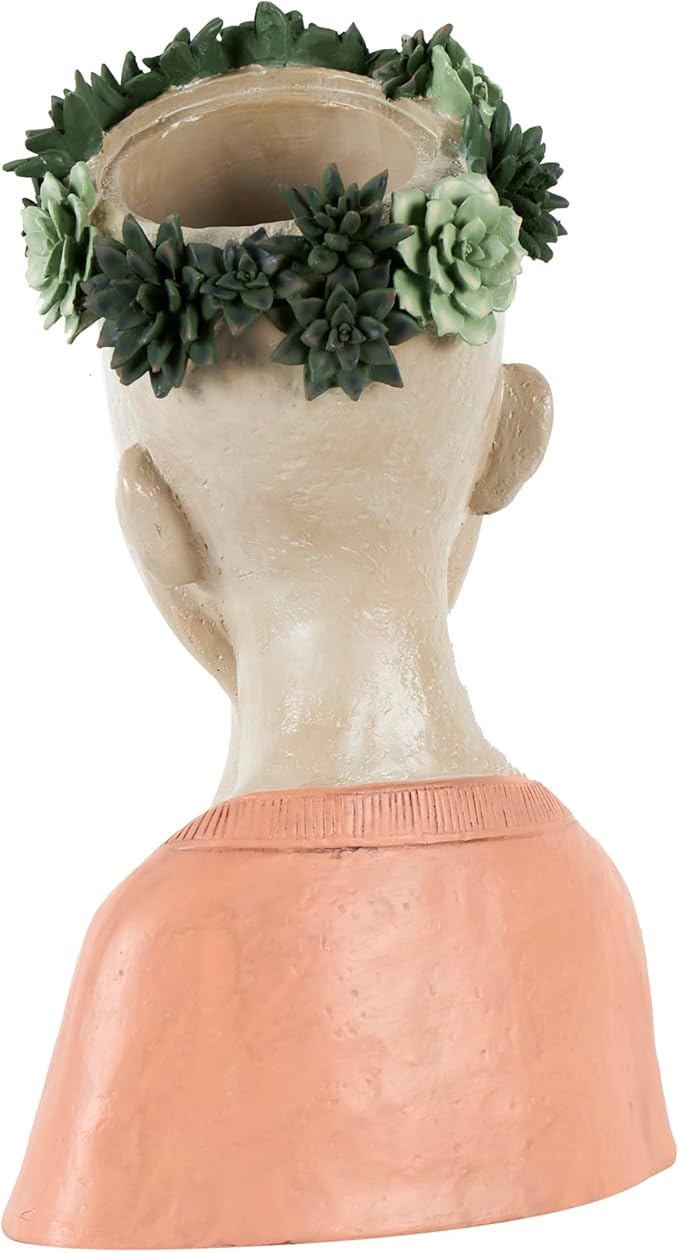 Deco 79 Resin Woman Indoor Outdoor Planter Bust Large Planter Pot with Succulent Crown and Orange Top, Planter 10" x 8" x 17", Beige