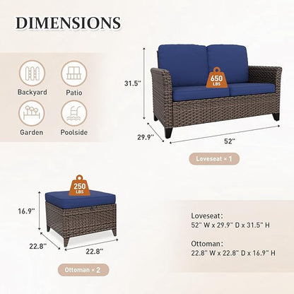 Canyon Ridge Wicker Patio Sofa with 2 Ottomans, Small Balcony Furniture, Outdoor Furniture Set, 2 Seat Loveseat, Brown/Blue