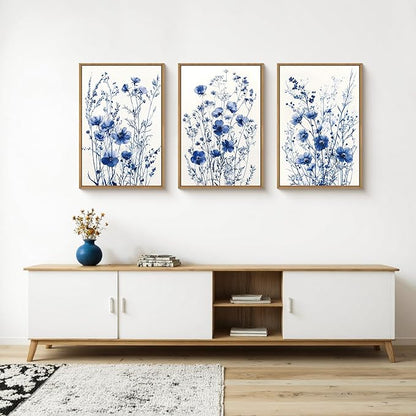FWIEXA Blue White Wildflower Canvas Wall Art Set of 3, Framed Navy Chinoiserie Watercolor Botanical Pictures Wall Decor, Minimalist Floral Paintings Artwork, 16x24In Florals Prints for Living Room, Bedroom, Bathroom
