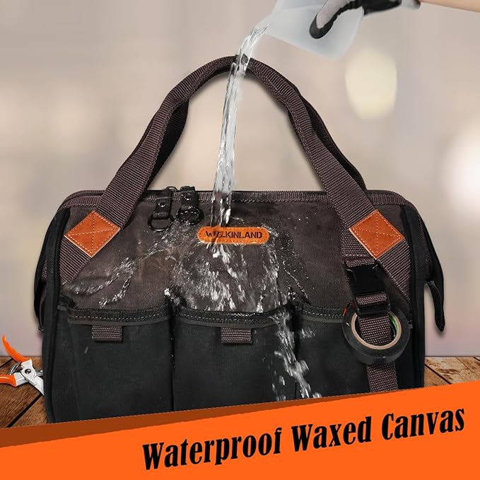 WELKINLAND 18 Pockets Electrician Tools Bag,14" Heavy Duty Plumber Tool Bags, Waxed Canvas Tools Bags, Large-Opening Tool Bags For Men, 25L Hand Tools Bag With Zipper