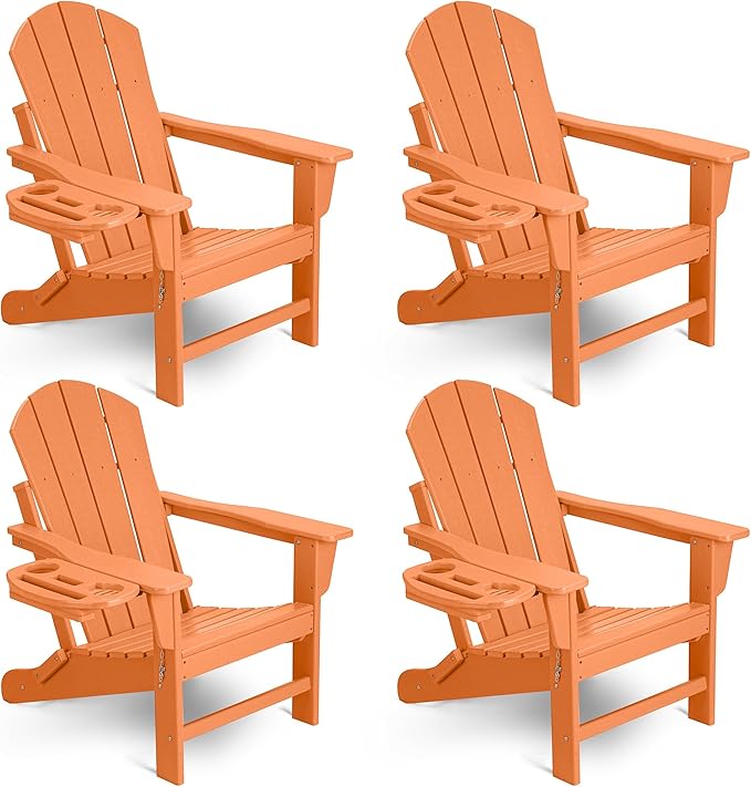 Adirondack Chair Set of 4, HDPE Folding Adirondack Chair with Multifunctional Cup Holder, Weather Resistant Fire Pit Chair for porches, patios, poolsides, Decks.