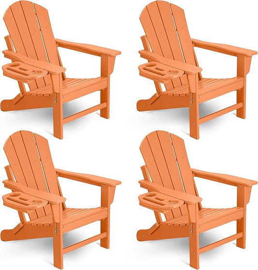 Adirondack Chair Set of 4, HDPE Folding Adirondack Chair with Multifunctional Cup Holder, Weather Resistant Fire Pit Chair for porches, patios, poolsides, Decks.