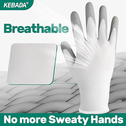 Kebada W1 Work Gloves for Men and Women, 12 Pairs Touchscreen Safety Gloves with Grip, PU-Coated, Ideal for Light & Medium Duty Tasks, White, XX-Large