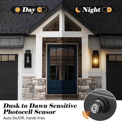 Dusk to Dawn Outdoor Wall Light Fixture, 16" Large Exterior Black Lantern Waterproof, Farmhouse Porch Sconce Lighting, Modern Wall-Mounted Outside Lights for House Garage, Patio Lamp