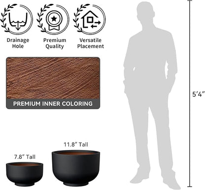 Kante 13.8 Inch Dia Concrete Bowl Planter, Large Tapered Bottom Plant Pot with Drainage, Smooth Black Finish with Warm Brown Interior, Ideal for Porch, Home, Garden, Patio