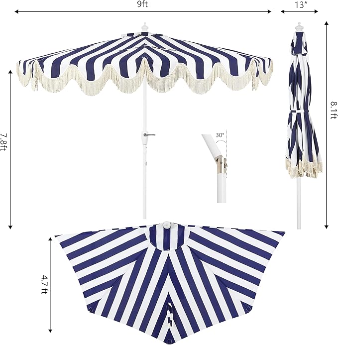 JONATHAN Y Half Umbrella UMB1201I Beverly 9 ft. Designer Classic Scalloped Fringe Market Patio with Crank, Tilt Button and UV Protection in Navy/White, White Pole