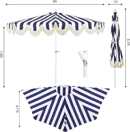 JONATHAN Y Half Umbrella UMB1201I Beverly 9 ft. Designer Classic Scalloped Fringe Market Patio with Crank, Tilt Button and UV Protection in Navy/White, White Pole