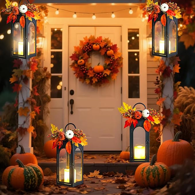 Thanksgiving Outdoor Decorations Lantern 2Pack, Fall Decorations for Home Waterproof 16" Battery Powered Decorative Lanterns Metal Hanging LED Candle Holder, Flameless Candle Lantern for Indoor