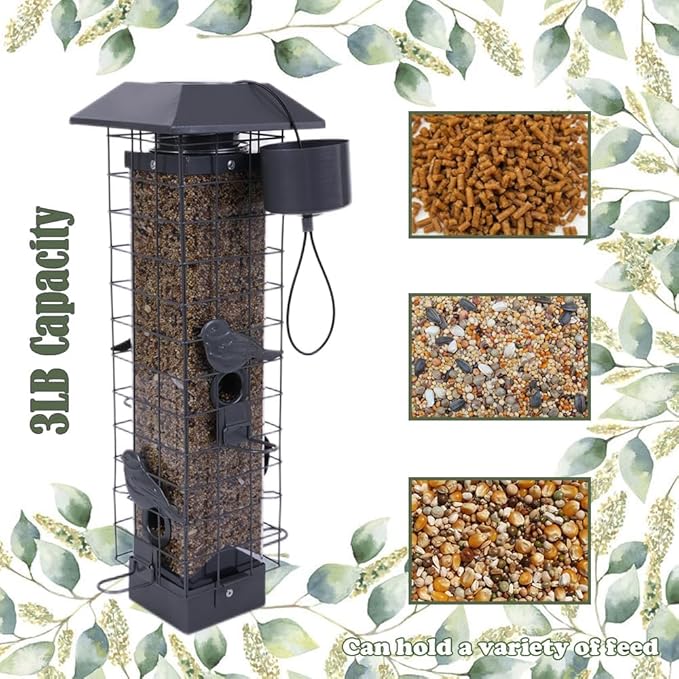 Squirrel Proof Bird Feeders for Outdoors, Metal Wild Bird Feeder for Outside Hanging, 4 Ports Perches, 3LB Large Capacity(Gray)