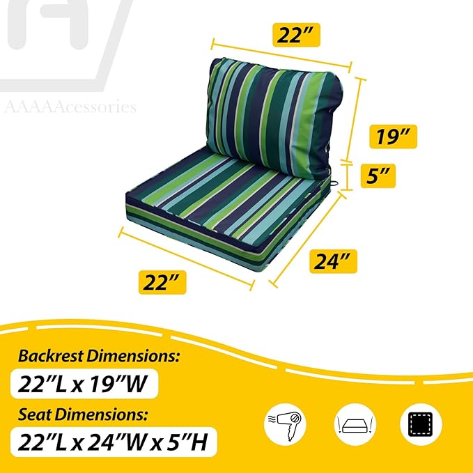 AAAAAcessories Outdoor Seat Cushions for Chairs, Fade-Resistant, Waterproof Patio Furniture Replacement Cushions, 22" x 24" x 5" + 22" x 19", Stormy Teal Coastal Stripe