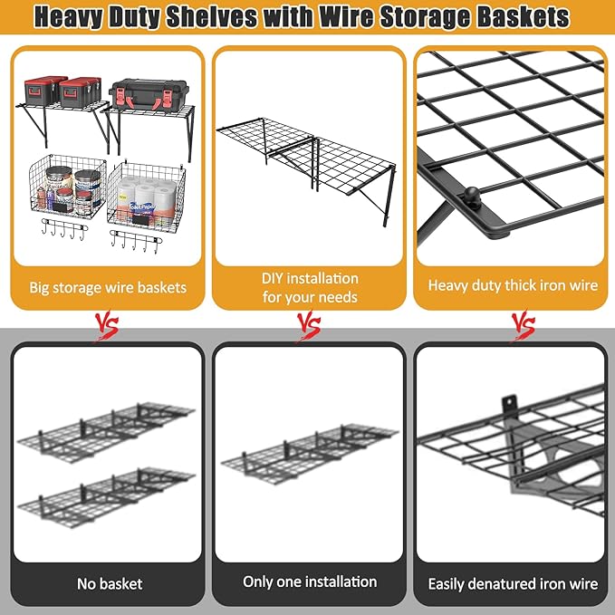 ThreeHio 2 Pack Garage Shelves Wall Mounted with Wire baskets, Heavy Duty Garage Wall Shelving with Hooks, Wire Shelf Baskets Tool Organizer for Home Garden Garage Organization and Storage