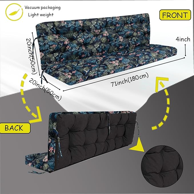 Porch Swing Cushion Three Seat, Waterproof Swing Cushions Replacement with Backrest, Outdoor Garden Furniture Patio 4" Thickened Cushions with Ties (Hummingbird, 40 x 71in)
