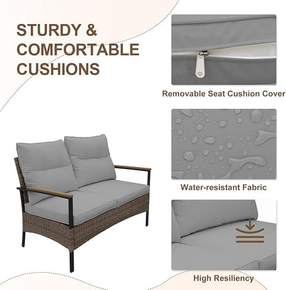 Sunset Escape Wicker Outdoor Furniture, Modern Sofa and Chair Set of 4, Rattan Patio Conversation Set, 2 Patio Chairs, Loveseat and Coffee Table, Brown/Gray