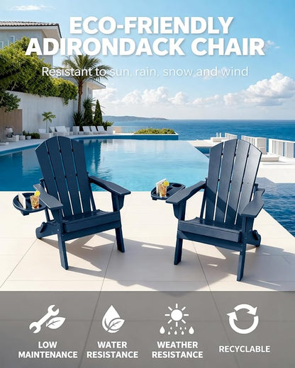 Adirondack Chair Set of 4, HDPE Folding Adirondack Chair with Multifunctional Cup Holder, Weather Resistant Fire Pit Chair for porches, patios, poolsides, Decks.